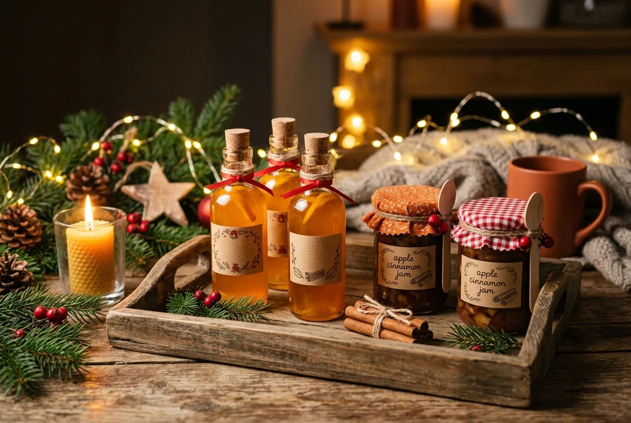 Kleine Glasflaschen mit selbst angesetztem Orangenlikör mit Korken, Etiketten und roten Bändern, daneben Gläser mit Apfel-Zimt-Marmelade auf einem Holztablett mit Tannenzweigen, Kerze und Lichterketten