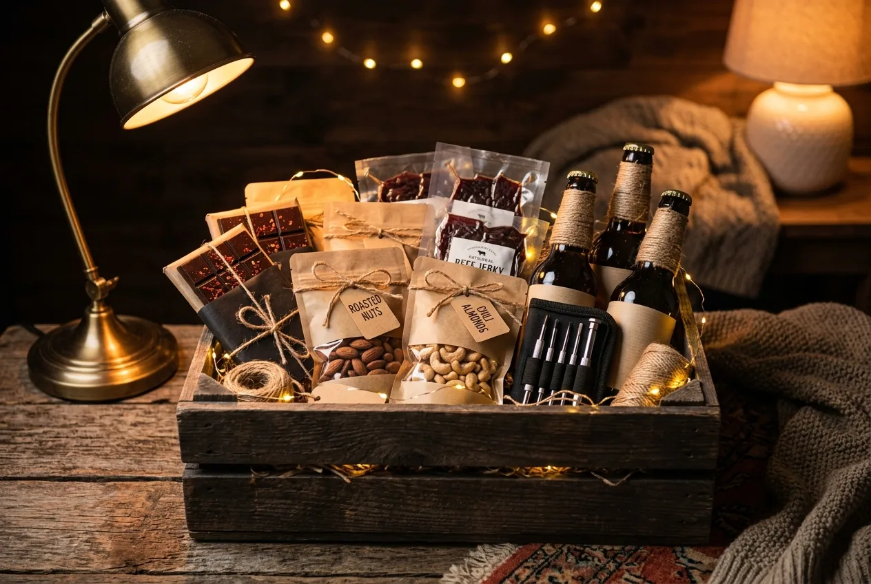 Holzkiste mit kleinen Geschenken für einen Adventskalender für Männer: Chili-Schokolade, geröstete Nüsse, Beef-Jerky-Packungen, kleine Bierflaschen und ein Mini-Schraubendreher-Set, daneben eine Messinglampe und Lichterketten