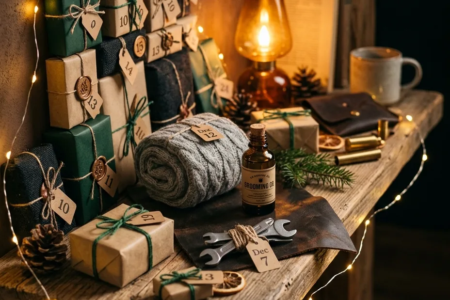 Adventskalender für Männer auf einem rustikalen Holztisch: kleine Päckchen in Dunkelgrün und Kraftpapier mit Zahlenanhängern, eine Wolldecke, Werkzeug, Nüsse, eine kleine Flasche, Öllampe und leuchtende Lichterketten
