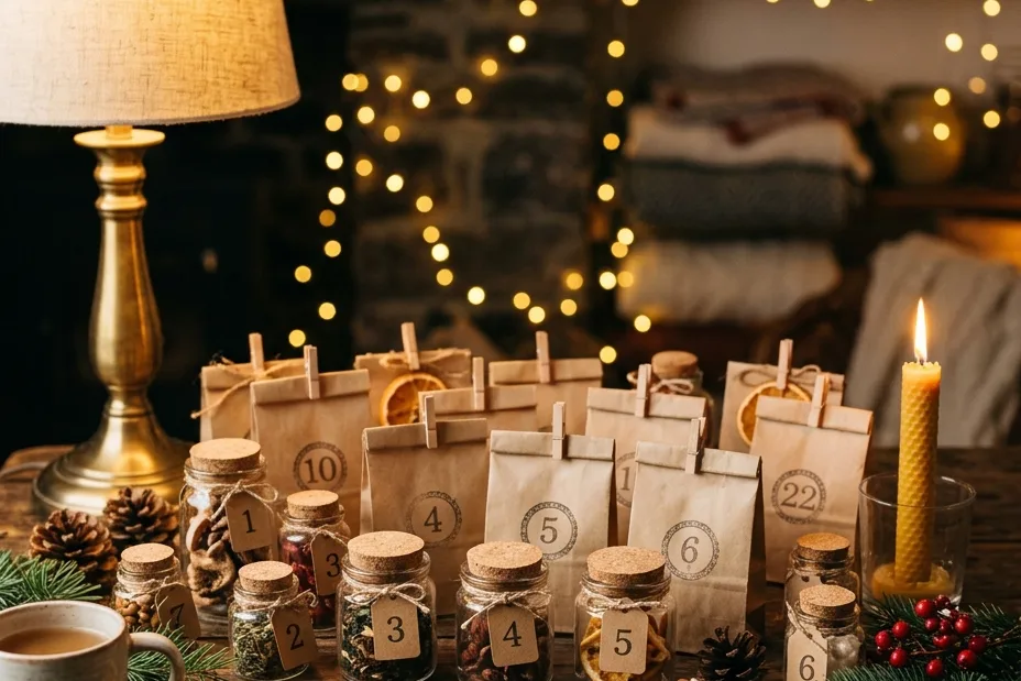 Selbst gemachter Adventskalender auf einem Holztisch: kleine Kraftpapiertüten mit Zahlenanhängern, Gläschen mit Gewürzen und Marmelade, Zimtstangen, Orangenscheiben und Tannenzweige, im Hintergrund eine Lampe und leuchtende Lichterketten