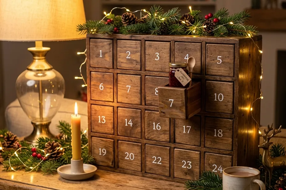 Adventskalender als Holzkommode mit 24 kleinen nummerierten Schubladen, eine Schublade ist offen und zeigt ein kleines Marmeladenglas, daneben eine Lampe, eine Kerze und leuchtende Lichterketten