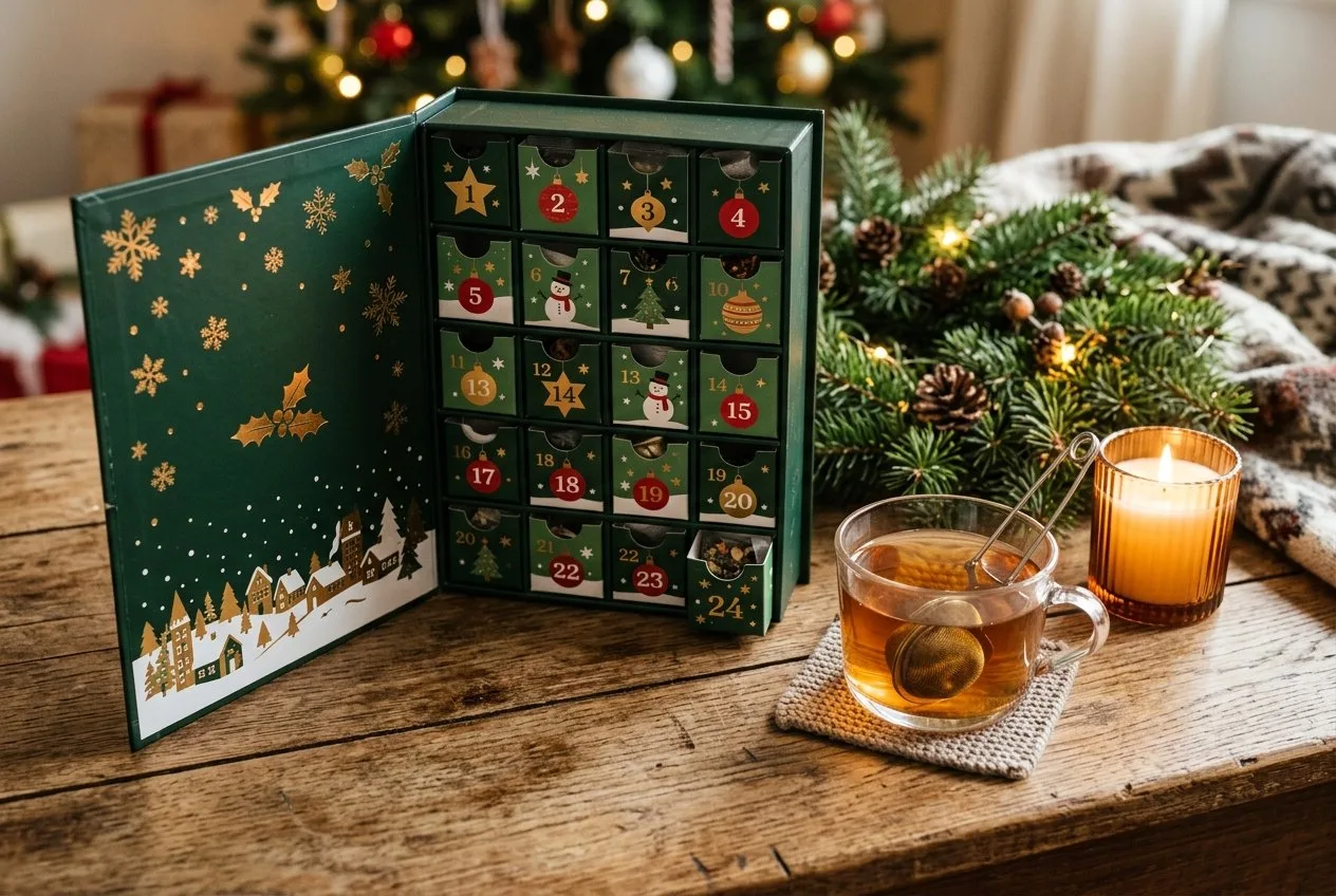 Tee-Adventskalender in Form eines Buches, aufgeklappt auf einem Holztisch neben einem Teeglas mit Sieb, einer Kerze und einem Tannenzweig