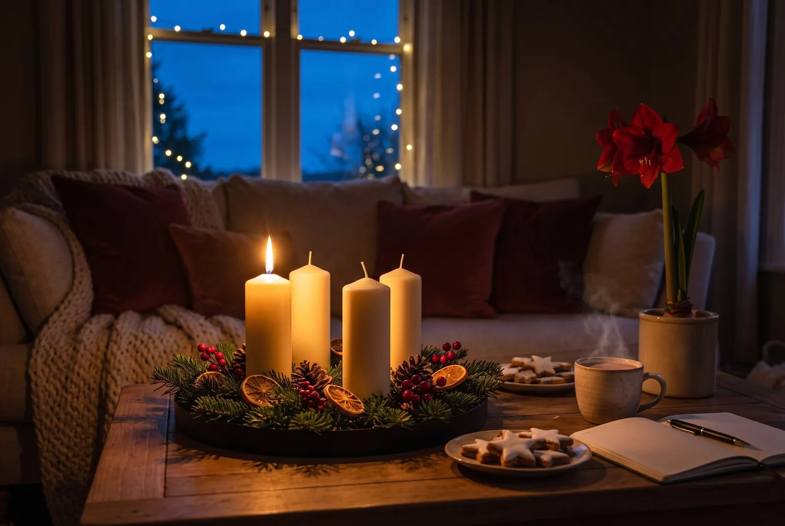 Moderner Adventskranz am Abend auf einem runden schwarzen Tablett mit vier cremefarbenen Stumpenkerzen, Tannengrün, Zapfen, roten Beeren und Orangenscheiben, die erste Kerze brennt, daneben Sternplätzchen, eine dampfende Tasse, ein Notizbuch und eine rote Amaryllis
