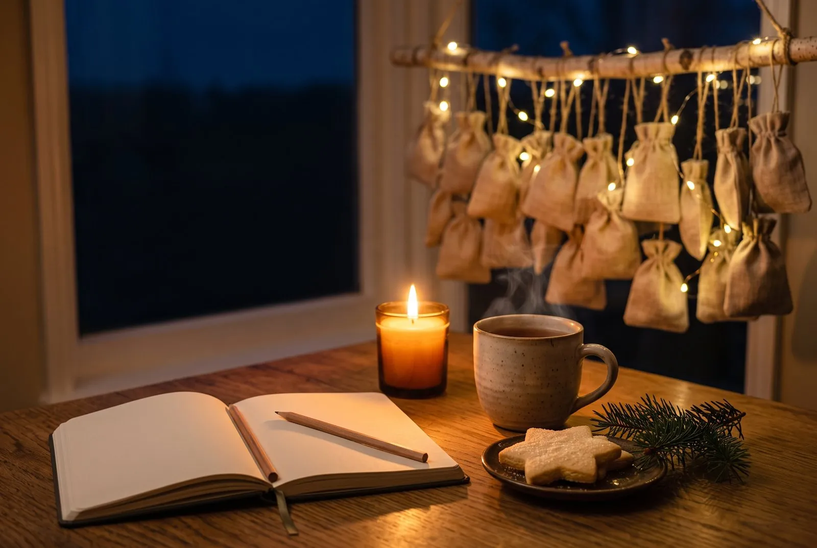 Früher Dezembermorgen im Dunkeln: aufgeschlagenes Notizbuch mit Bleistift, brennende Kerze, dampfende Tasse und ein Sternplätzchen auf einem Holztisch, dahinter ein Adventskalender aus Leinensäckchen an einem Birkenast mit Lichterkette