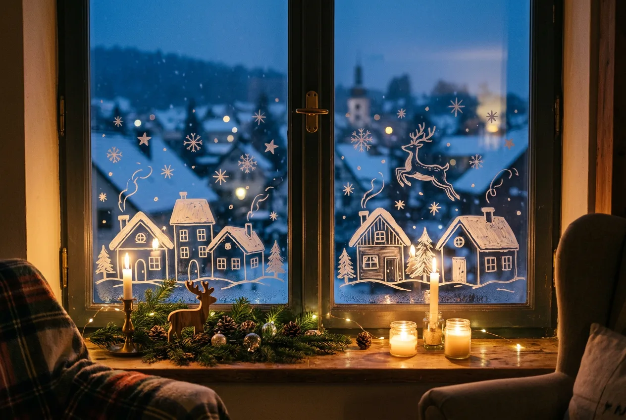 Fenster am Abend mit weißem Kreidestift bemalt: ein verschneites Dorf mit kleinen Häusern, Sternen, Schneeflocken und einem springenden Rentier, auf der Fensterbank Tannenzweige, Kerzen und eine Lichterkette, draußen die blaue Stunde