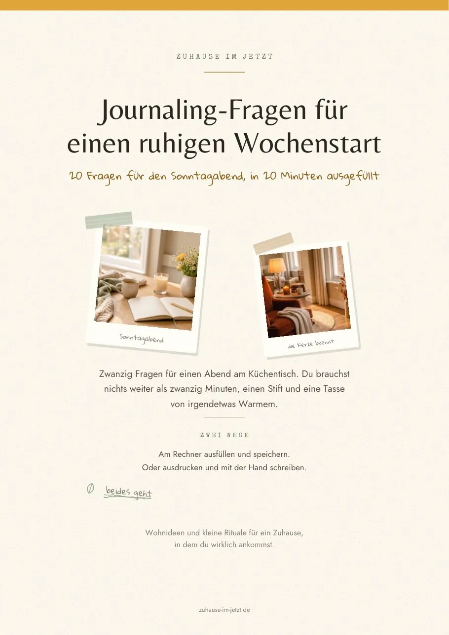 Titelseite des PDFs: Journaling-Fragen für einen ruhigen Wochenstart, mit zwei Polaroids von einem Küchentisch und einem Lesesessel