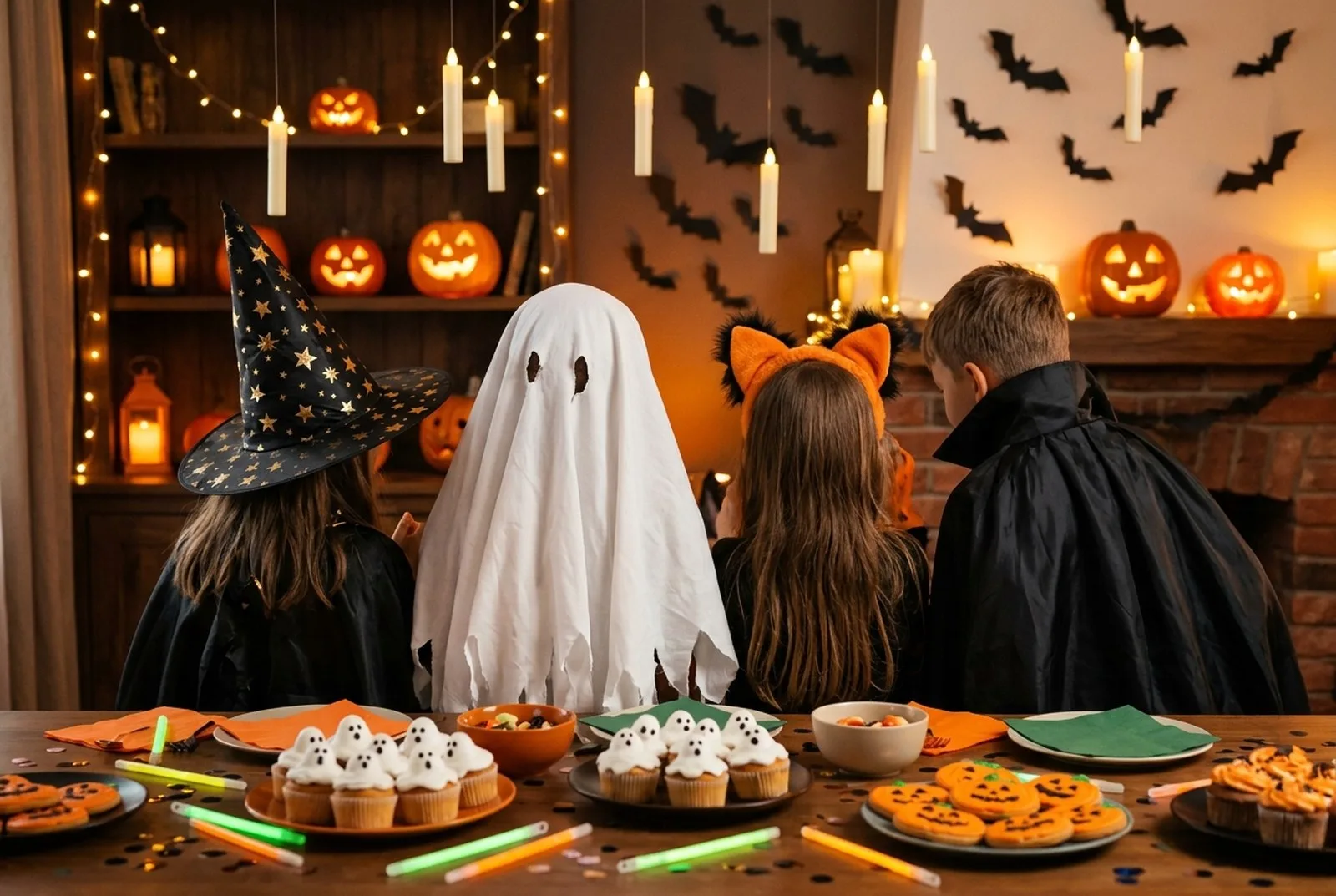 Halloween-Kinderparty im warm beleuchteten Wohnzimmer: Kinder in einfachen Kostümen mit Hexenhut, Geisterumhang und Katzenohren von hinten, ein niedriger Tisch mit Geister-Cupcakes und Kürbiskeksen, Papierfledermäuse an der Wand, leuchtende Kürbisse und Knicklichter