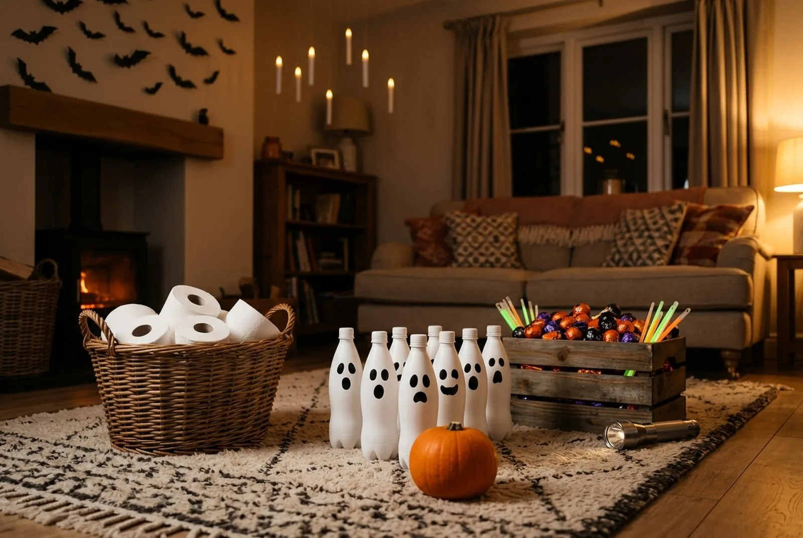 Vorbereitete Halloween-Spiele im Wohnzimmer: Klopapierrollen für das Mumienspiel, Kegel aus Flaschen mit Geistergesichtern und ein kleiner Kürbis als Kugel, ein Korb mit Schokoladengeistern für die Schatzsuche, Knicklichter und eine Taschenlampe