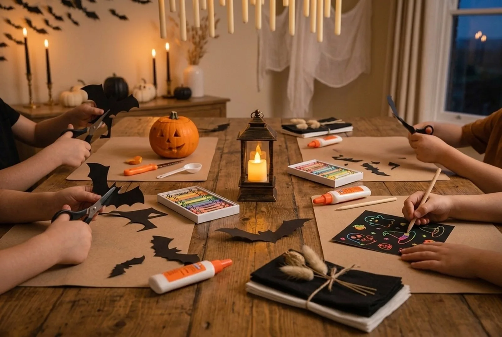 Bastelecke für Kinder mit Papierfledermäusen, Halloween-Kratzbildern und einem Kürbis-Schnitzset, Kinderhände beim Basteln
