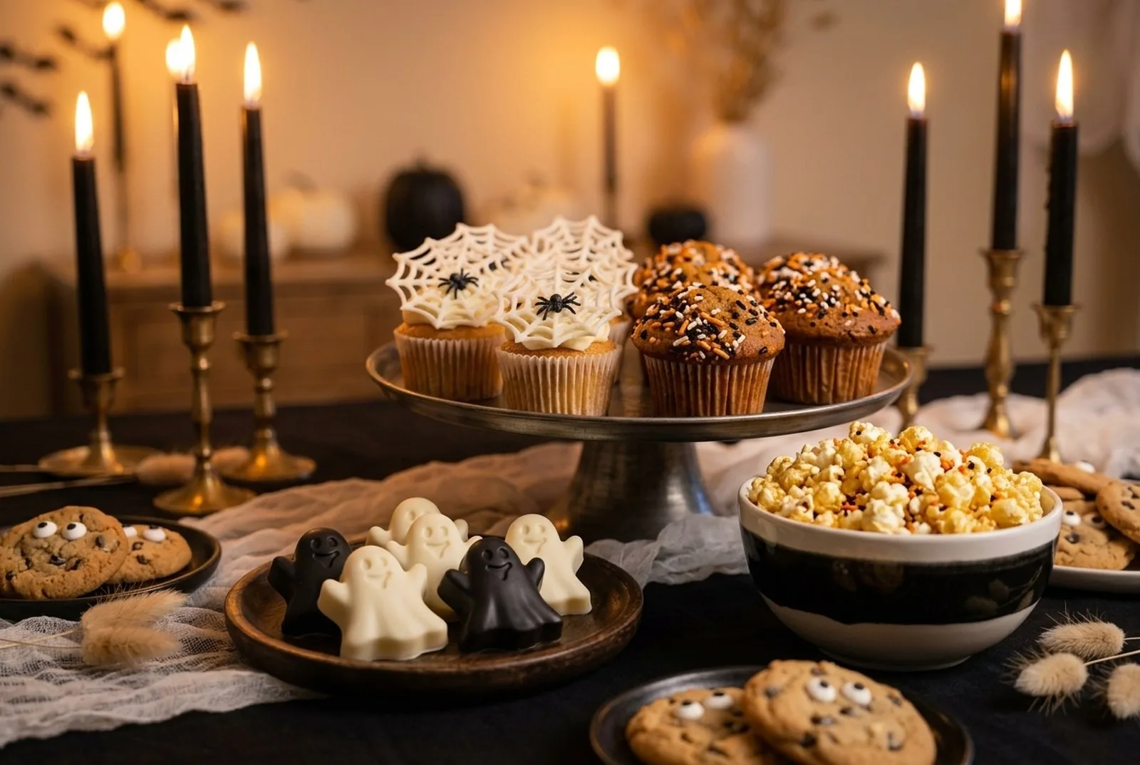 Halloween-Leckereien auf schwarzem Tisch: Cupcakes mit Oblaten-Spinnennetzen, Muffins mit Streuseln, Schokoladengeister und Kekse mit Zuckeraugen