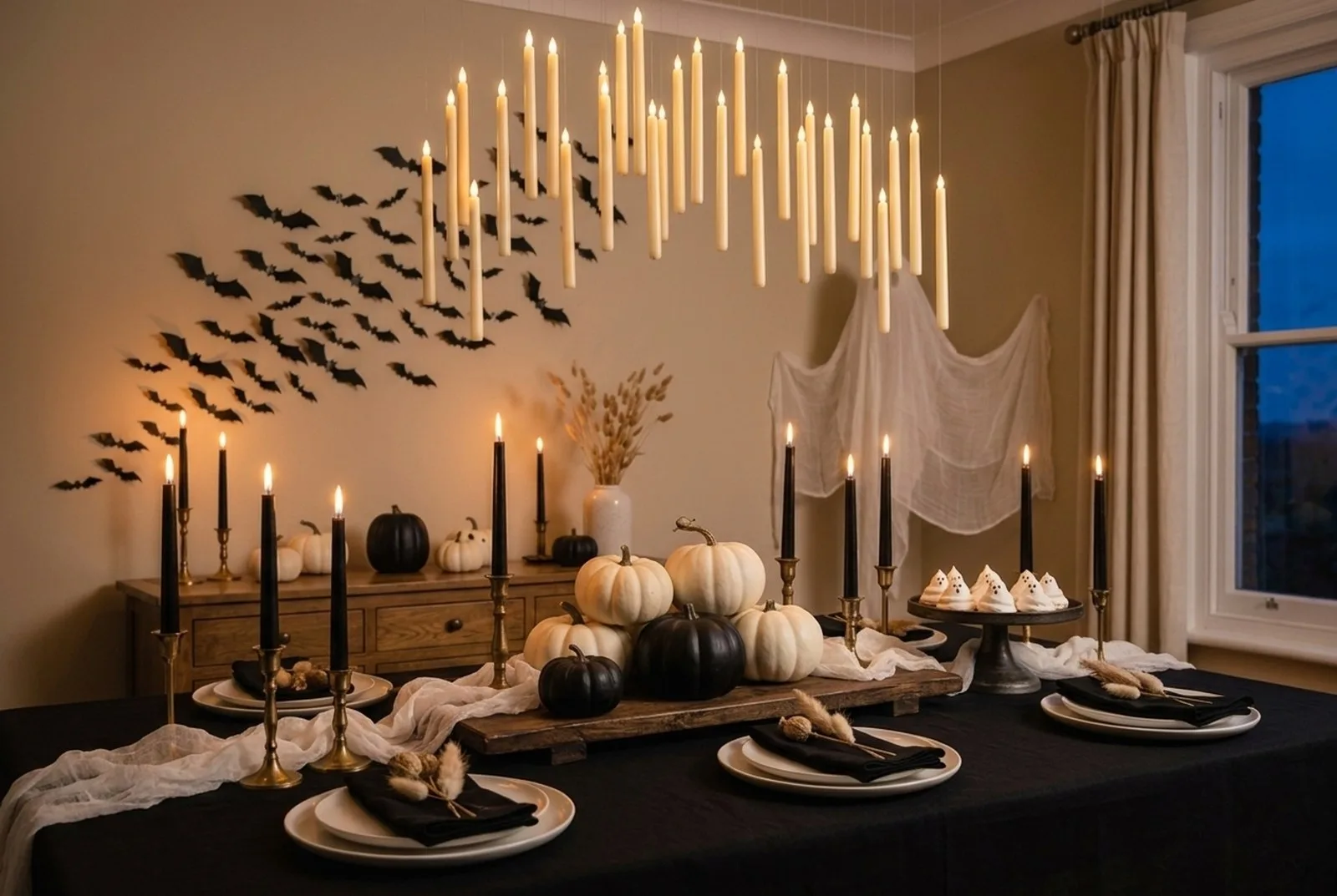 Festlich gedeckter Halloween-Tisch in Schwarz und Weiß: schwarze Tischdecke, weiße und schwarze Kürbisse auf einem Holzbrett, brennende schwarze Stabkerzen in Messingleuchtern, Käseleinen, eine Etagere mit Geister-Baisers, darüber schwebende weiße Kerzen, an der Wand ein Schwarm schwarzer Papierfledermäuse und in der Ecke ein Stoffgeist