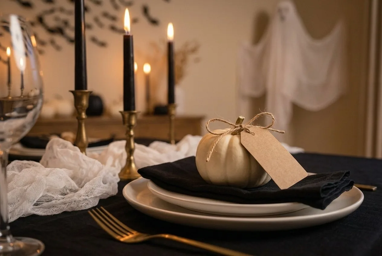 Nahaufnahme eines Halloween-Tisches: Teller mit schwarzer Serviette, darauf ein Mini-Kürbis mit Namensschild aus Kraftpapier, daneben brennende schwarze Stabkerzen und Käseleinen