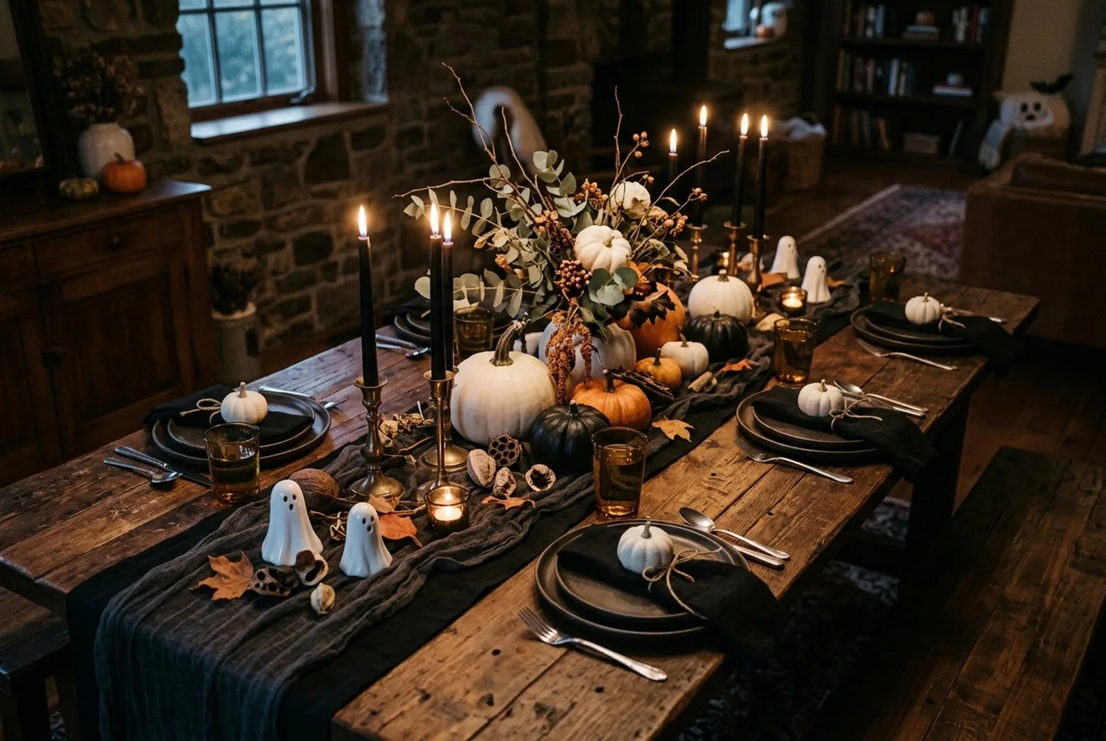 Halloween-Tisch am Abend: schwarzer Tischläufer mit Käseleinen, weiße, schwarze und orange Kürbisse, brennende schwarze Stabkerzen in Messingleuchtern, Teller mit schwarzen Servietten und kleine Geisterfiguren