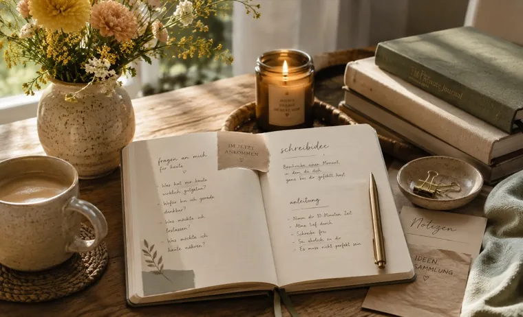 Aufgeschlagenes Journal mit Fragen, Kaffee und Kerze