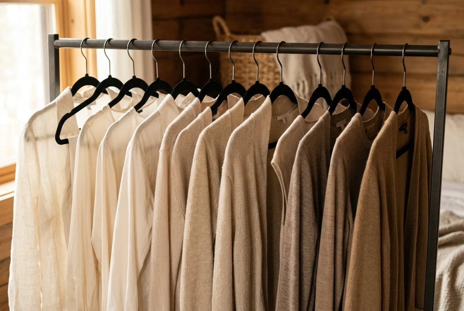 Nahaufnahme einer Kleiderstange mit Blusen und Strickjacken in Creme und Beige auf schmalen schwarzen Samtbügeln, von hell nach dunkel sortiert