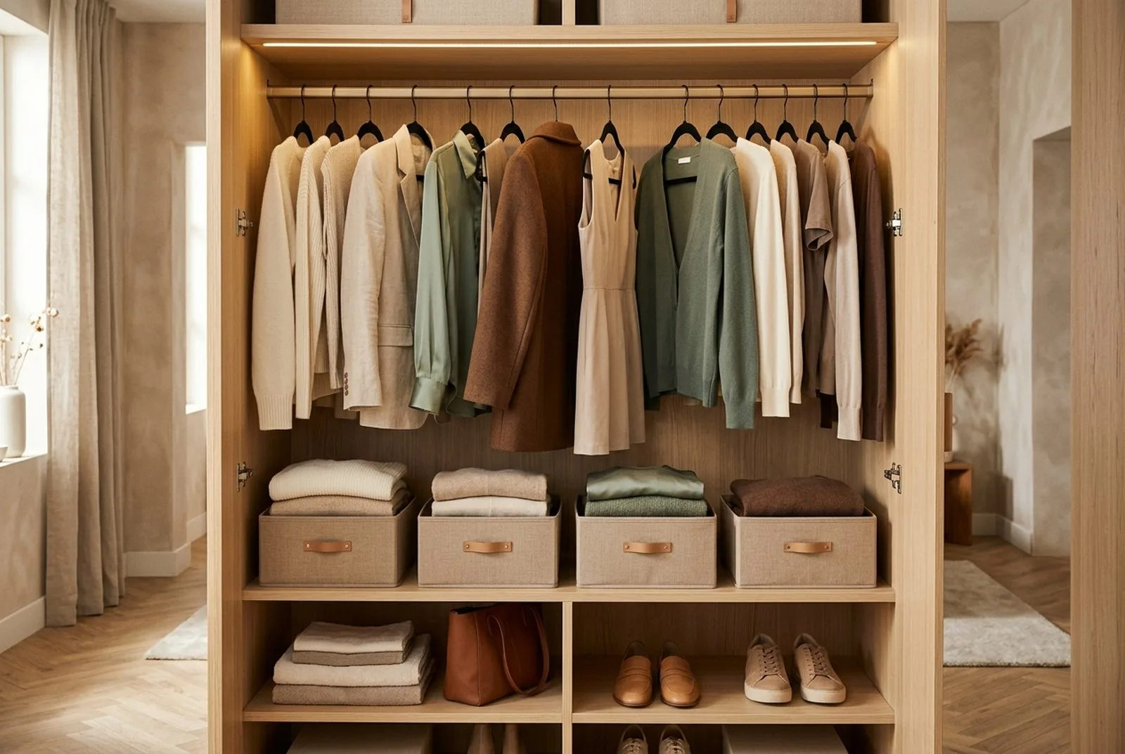 Geöffneter heller Kleiderschrank mit Kleidung in Creme, Beige, Salbei und Braun auf gleichen schwarzen Samtbügeln, darunter gefaltete Pullover in beigen Faltboxen, warmes Licht