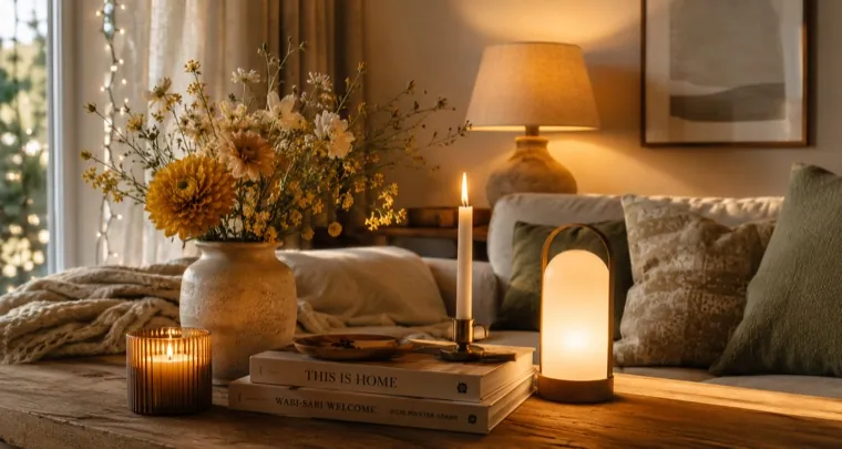 Abendlicht mit Lampe, Kerzen und Blumenstrauß
