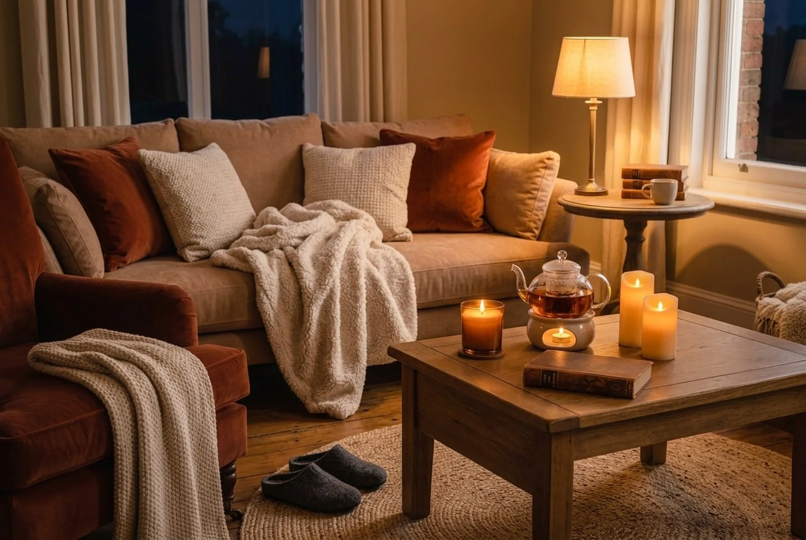 Herbstliches Sofa am Abend mit einer weichen Sherpa-Decke und Kissen in Rost und Creme, davor ein Couchtisch mit Glasteekanne auf dem Stövchen, LED-Kerzen aus Echtwachs und einem Buch, auf dem Teppich Filzhausschuhe