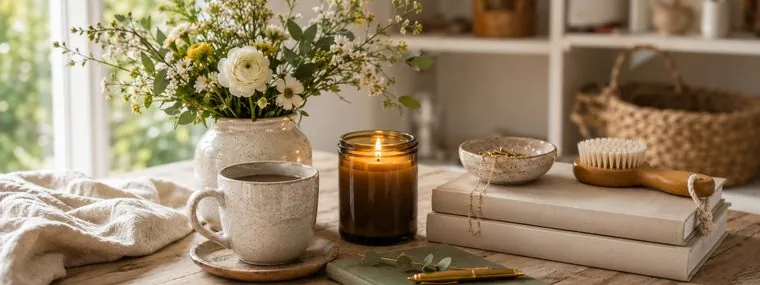 Keramiktasse, Kerze, Bücher und Blumen auf Holz