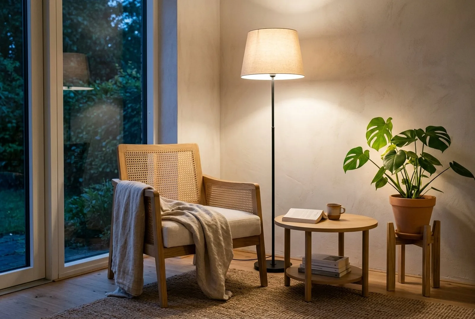 Minimalistische Leseecke am Abend mit einem Sessel aus hellem Holz, einer Leinendecke und einer Stehlampe mit warmem Licht, sonst nur eine Pflanze