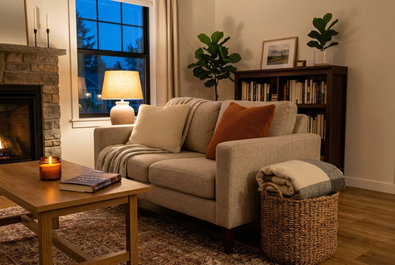 Gemütliches Wohnzimmer am Abend, aufgeräumt, eine Decke liegt gefaltet im Korb neben dem Sofa, auf dem Couchtisch nur eine Kerze und ein Buch