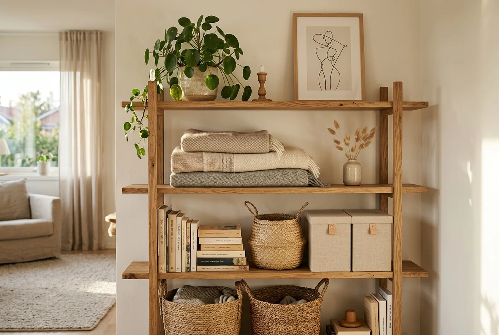 Aufgeräumtes, gemütliches Regal im Wohnzimmer mit geflochtenen Körben, Stoffboxen in Beige, gefalteten Decken, Büchern und einer Pflanze im warmen Nachmittagslicht