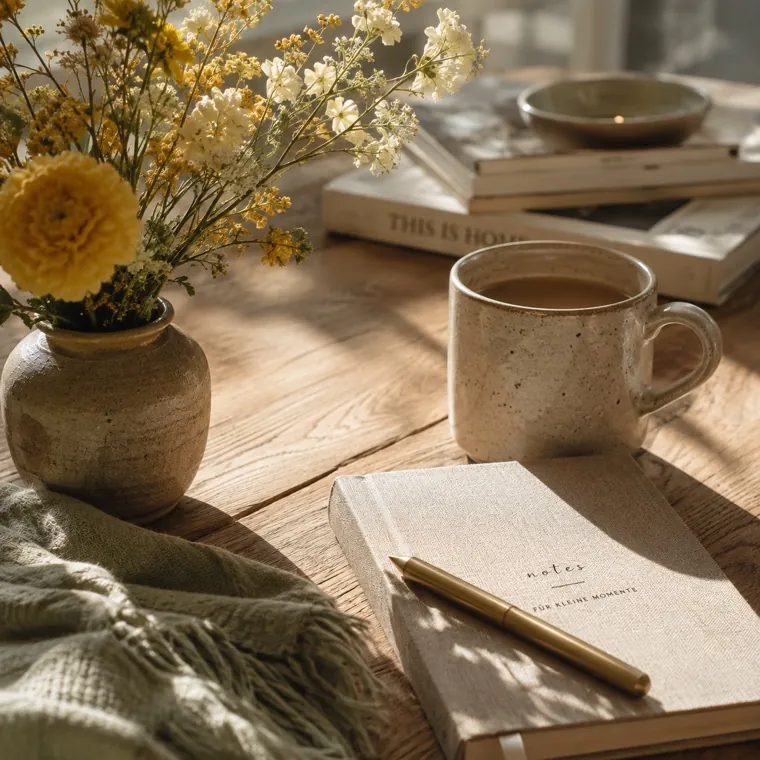 Morgenritual mit Notizbuch, Kaffee und Strickdecke
