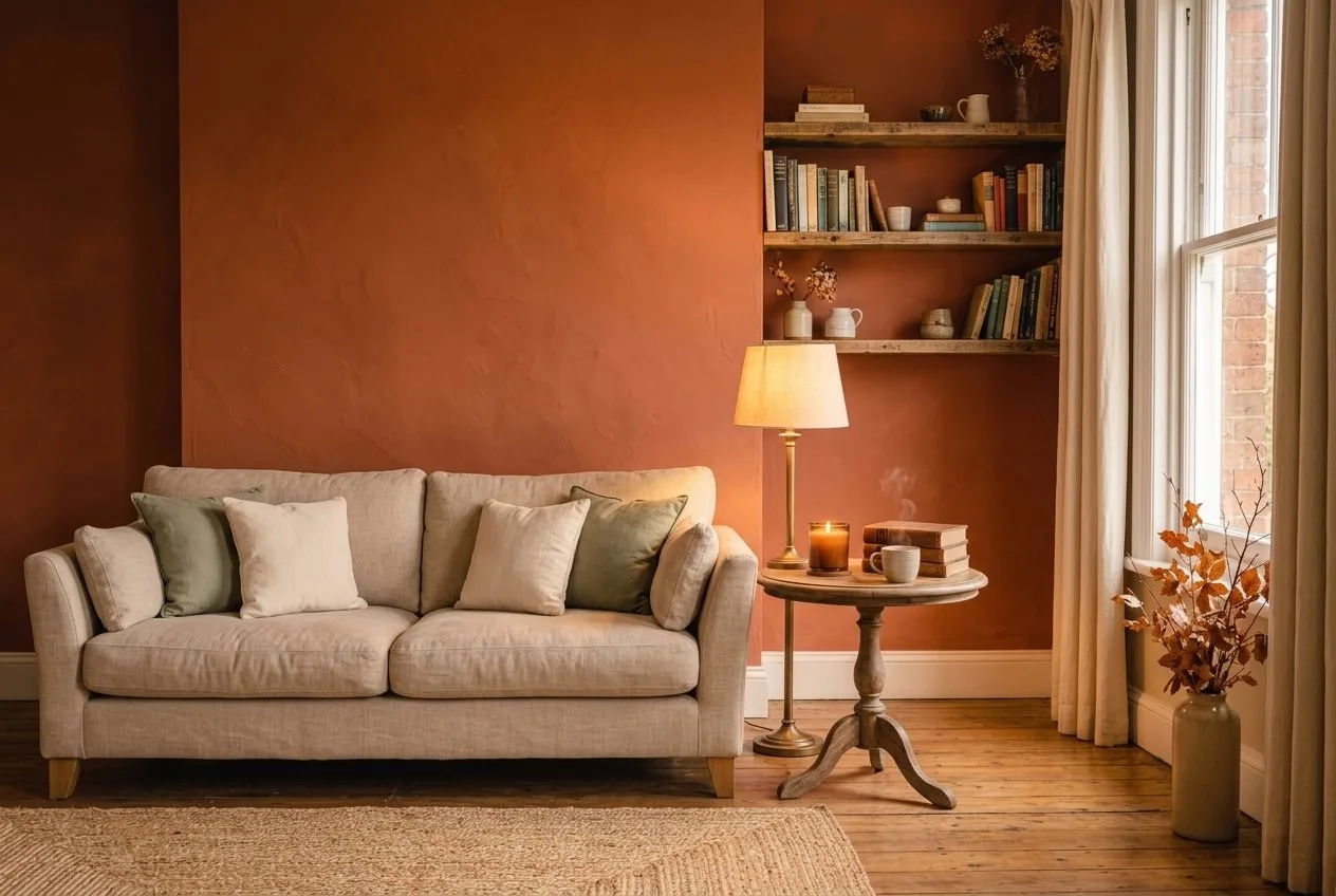 Wohnzimmer mit einer Wand in warmem Terrakotta, davor ein Leinensofa mit Kissen in Creme und Salbei, eine Stehlampe mit warmem Licht und ein Holzregal mit Büchern, Nachmittagslicht