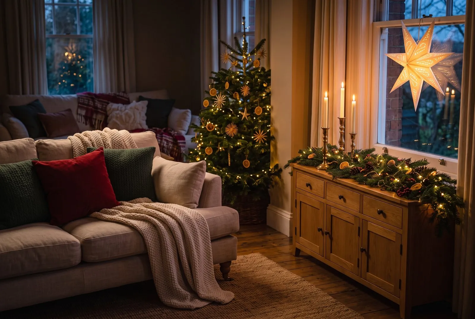 Wohnzimmer am Abend im Advent, nur von Kerzen und Lichterketten beleuchtet: Leinensofa mit Kissen in Rot, Creme und Tannengrün, Strickdecke, Weihnachtsbaum mit Strohsternen, leuchtender Papierstern im Fenster und Tannengirlande mit brennenden Stabkerzen auf dem Sideboard