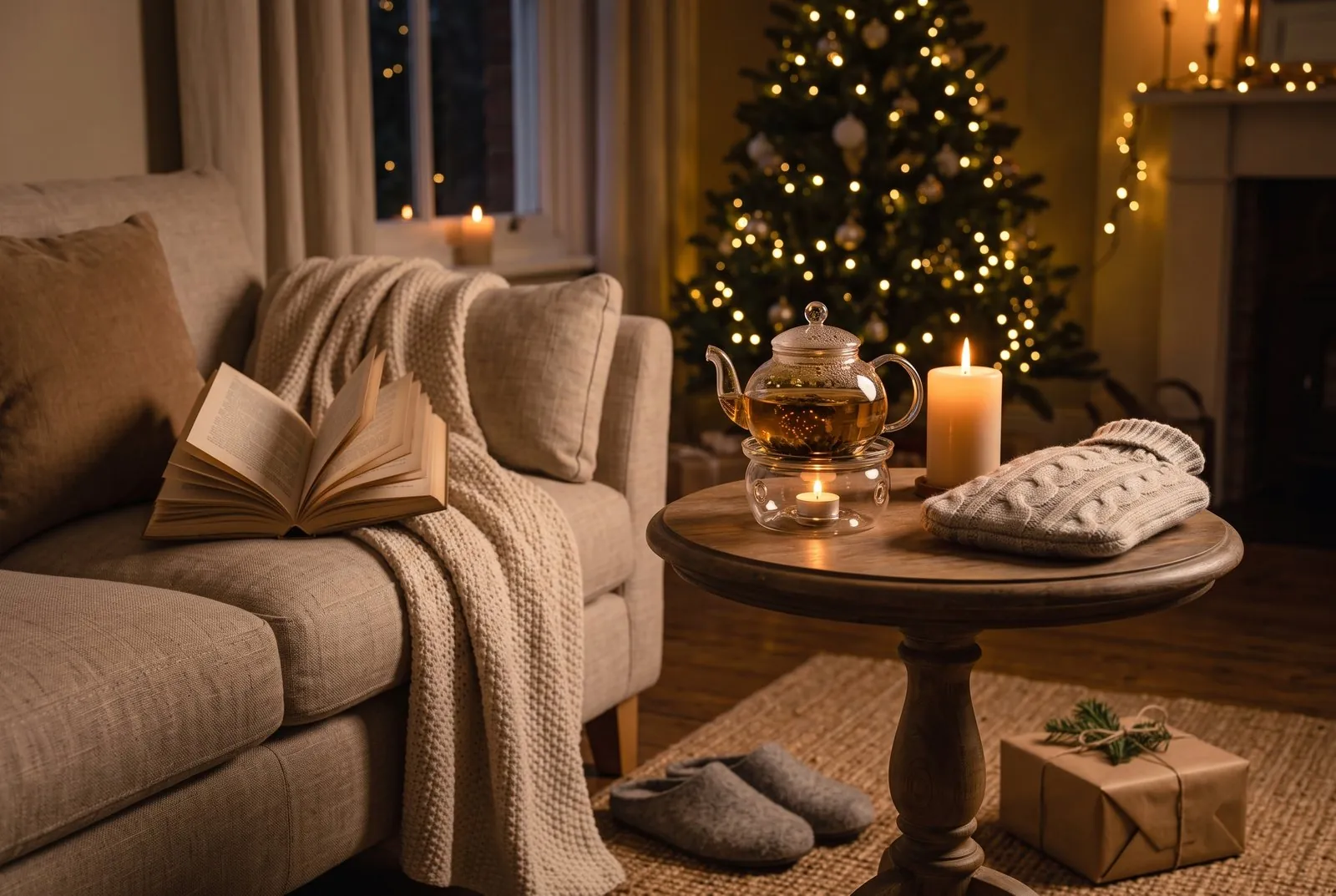 Sofa am Abend mit cremefarbener Strickdecke und aufgeschlagenem Buch, daneben ein Beistelltisch mit Glasteekanne auf dem Stövchen, brennender Kerze und Wärmflasche, auf dem Teppich Filzhausschuhe und ein Geschenk in Packpapier, im Hintergrund ein leuchtender Weihnachtsbaum