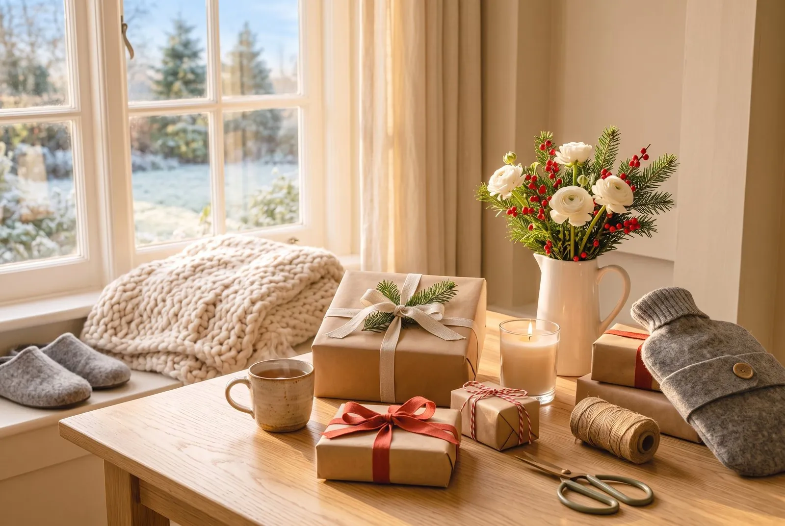 Weihnachtsgeschenke in mattem braunem Packpapier mit Baumwollkordel und rotem Leinenband, darauf Tannenzweige, getrocknete Orangenscheiben, Zimtstangen, Sternanis, kleine Zapfen und Namensanhänger, daneben eine brennende Kerze, eine Tasse Tee und eine Wärmflasche im Strickbezug