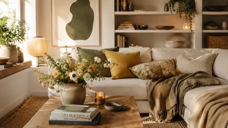 Helles Wohnzimmer mit Leinensofa, Kissen und Blumen